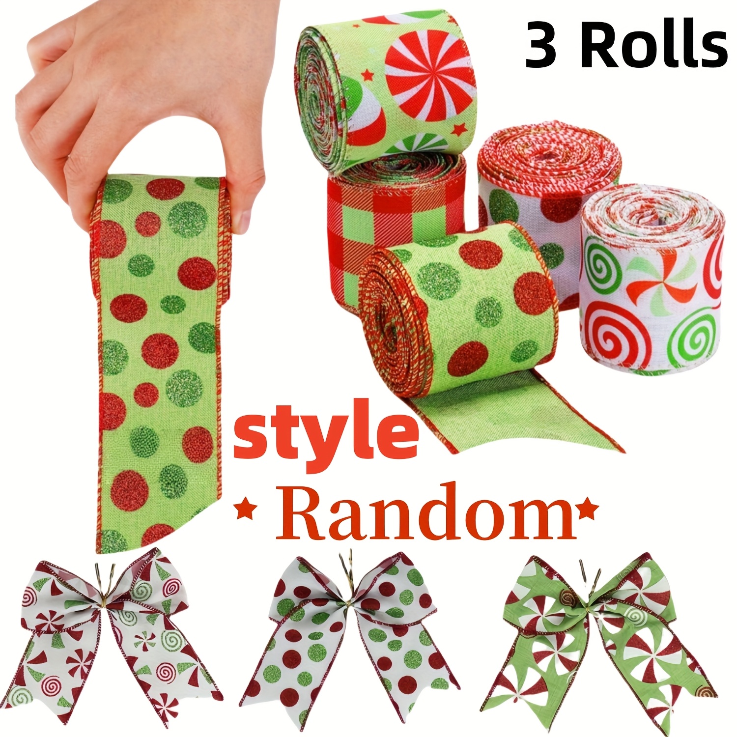 TEMU 3 rollos, cintas decorativas de Navidad, cintas para envolver regalos, adecuadas para hacer , coronas, chimeneas y decoraciones de exterior,