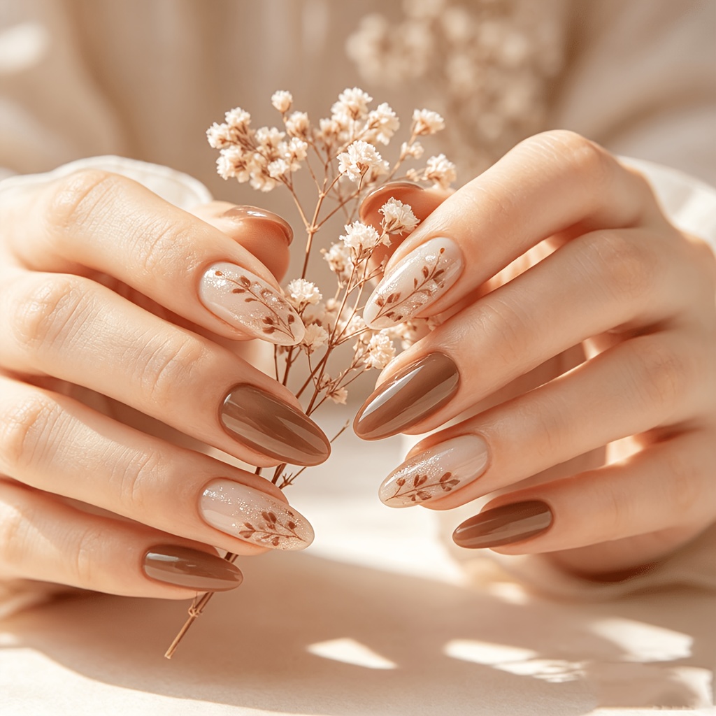 TEMU Unghie artificiali marroni, fustella , lunghezza media, forma a mandorla, 24 pezzi, decalcomanie per unghie press-on, unghie Y2K, nail art , set