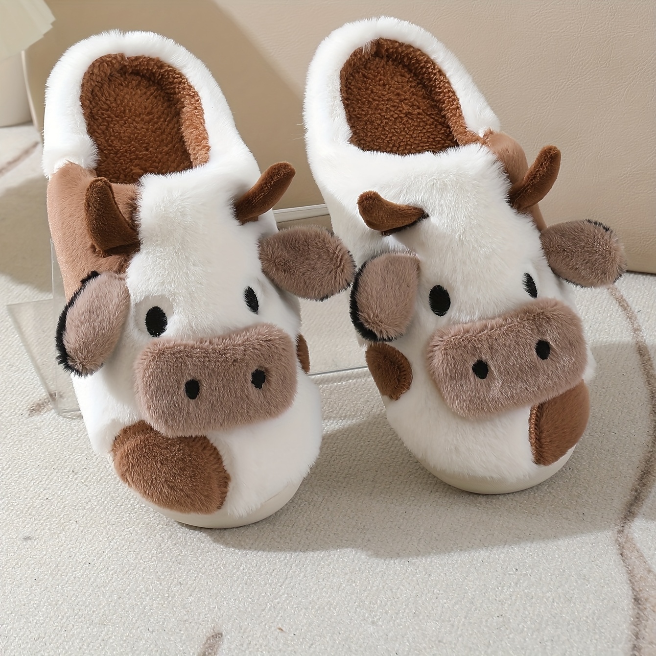 Image of 3d Cute Cow-shaped Plush Slippers, Made Of Soft And Fluffy Material, Provide A Comfortable Feel, Keep Your Feet Warm, And Are , Fun To Your Home Time., Women Shoes