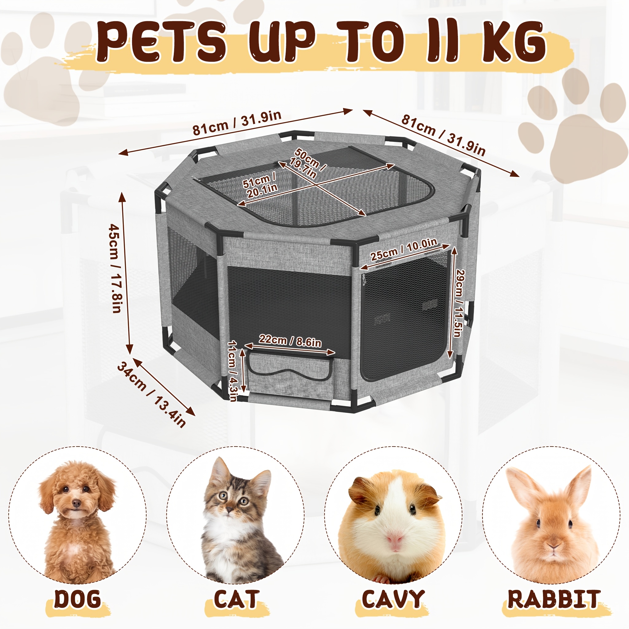 Image of Puppy Playpen Made Of Oxford Fabric, Animal Exercise Pen With Zipper & Side Pocket, Square/octagonal For Indoor And Outdoor Use