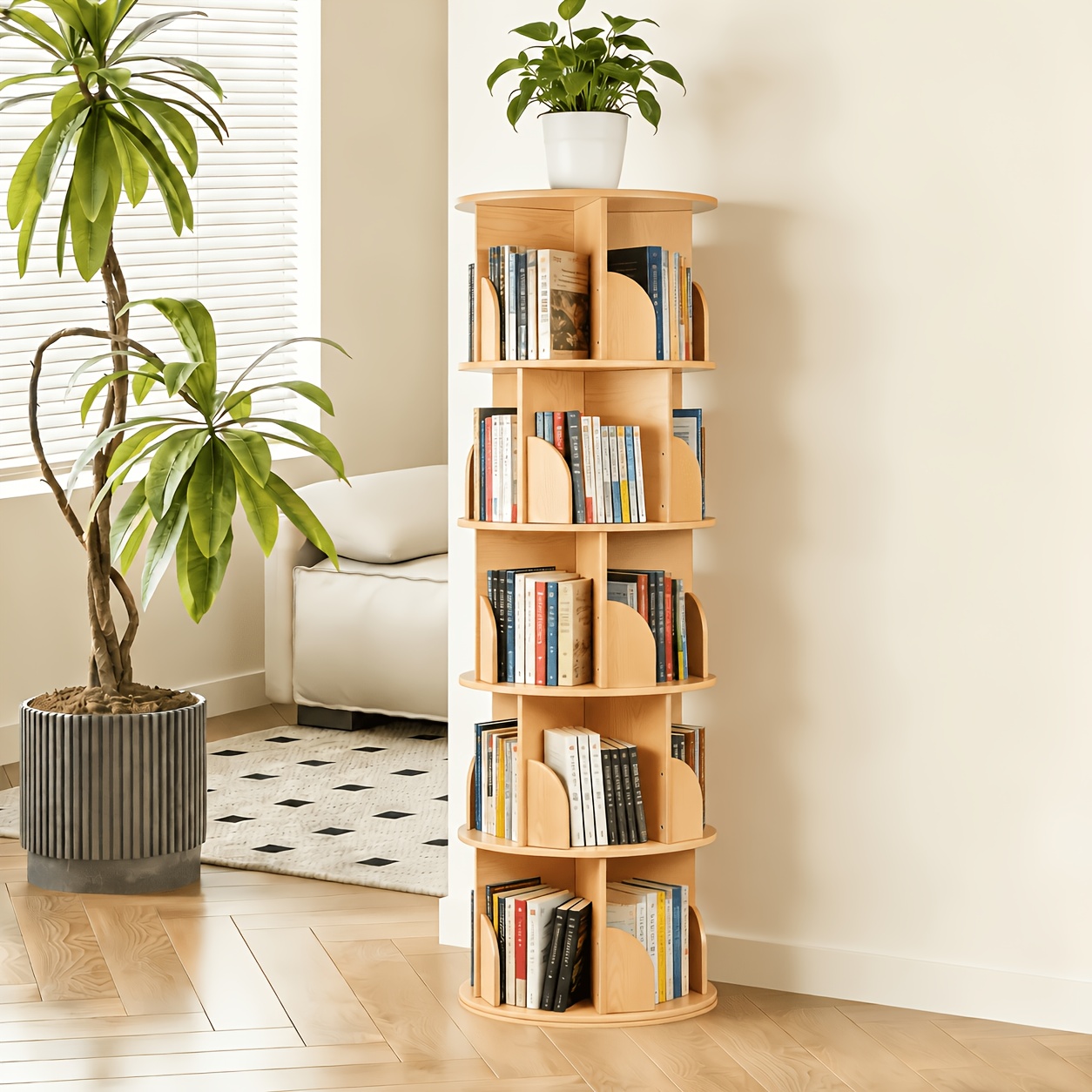 Image of 360° Rotating Bookshelf Tower, 46cm Large Diameter × 160cm Height, 3/4/5-tier Spinning Bookcase, Space-saving Floor Standing Book Storage Organizer For Living Room, Bedroom, Office
