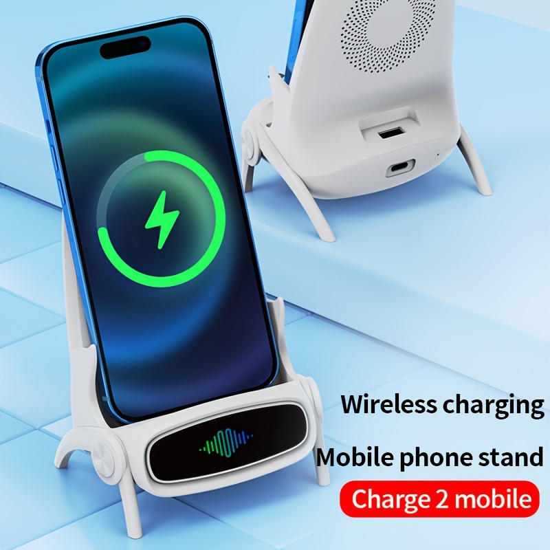 

2-in-1 Portable 15w Fast Charging Mobile Phone Holder With Mini Chair Design, Wireless Charger Desk Stand, Built-in Speaker, And Usb Fan, Multi-functional, Fits 3.94in-5.5in Devices