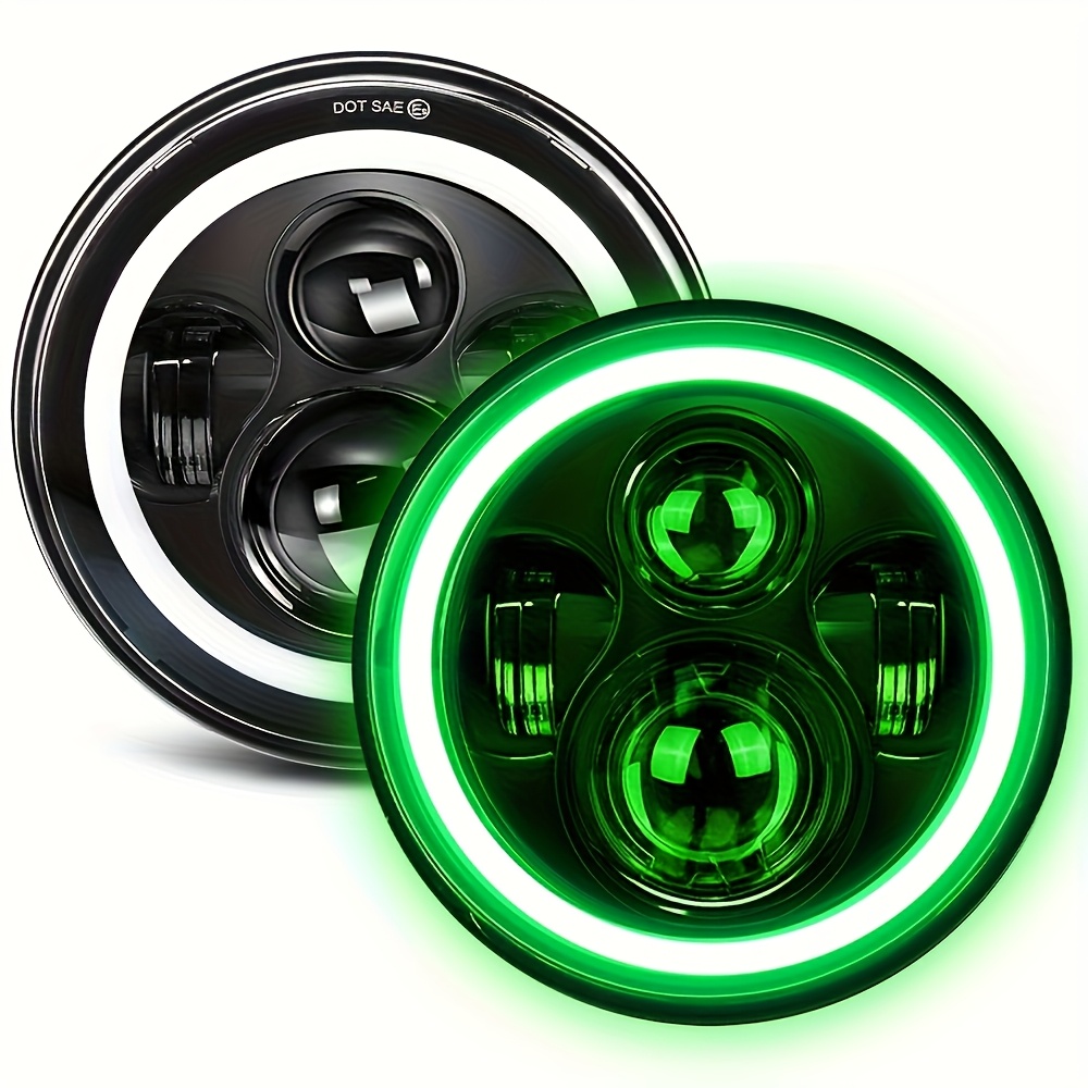 TEMU 2pcs 7-inch Round Led Light High/low Beam Green Halo For For Wrangler Lj Unlimited For For Wrangler Unlimited Jk