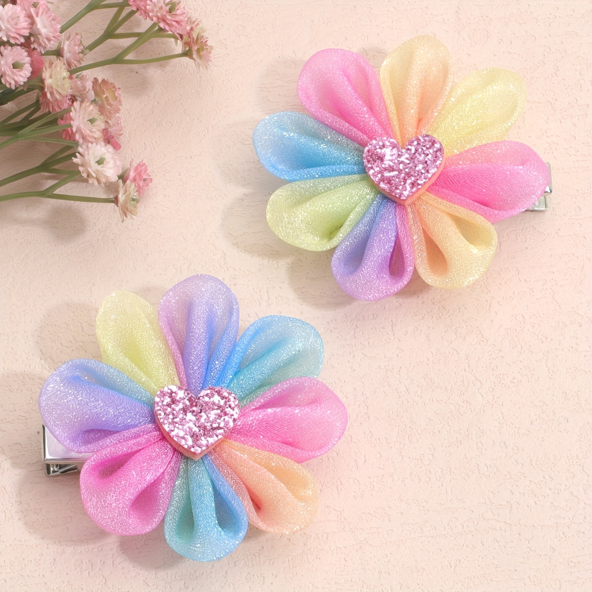 Image of Set Of 2 Colorful Floral Hair Clips For Women, Featuring Heart-shaped Pins That , Perfect For Dressing Up For Parties.