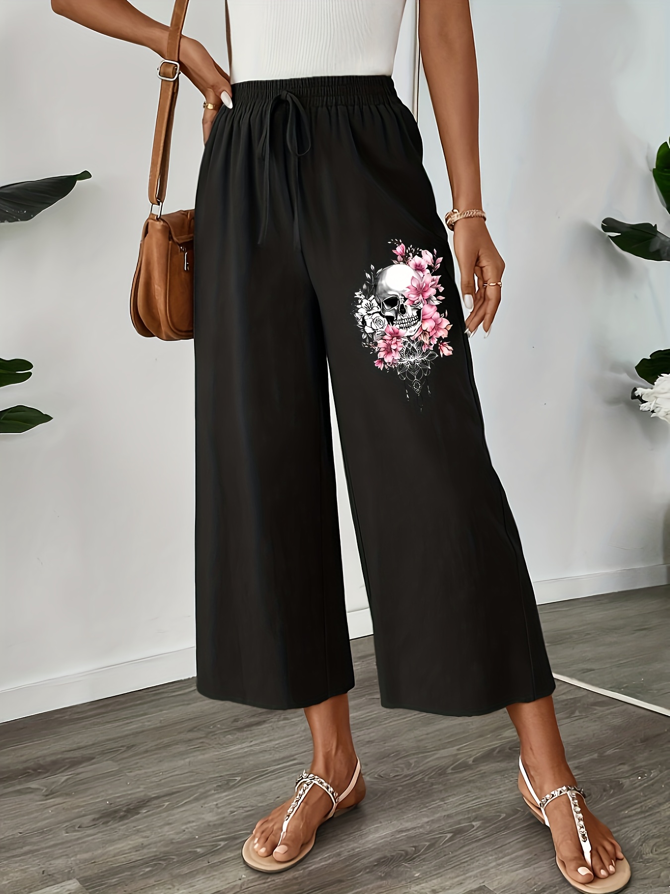 item picture plus size autumn clothing single piece casual womens wear   drawstring relaxed three quarter pants comfortable breathable print straight three quarter trousers