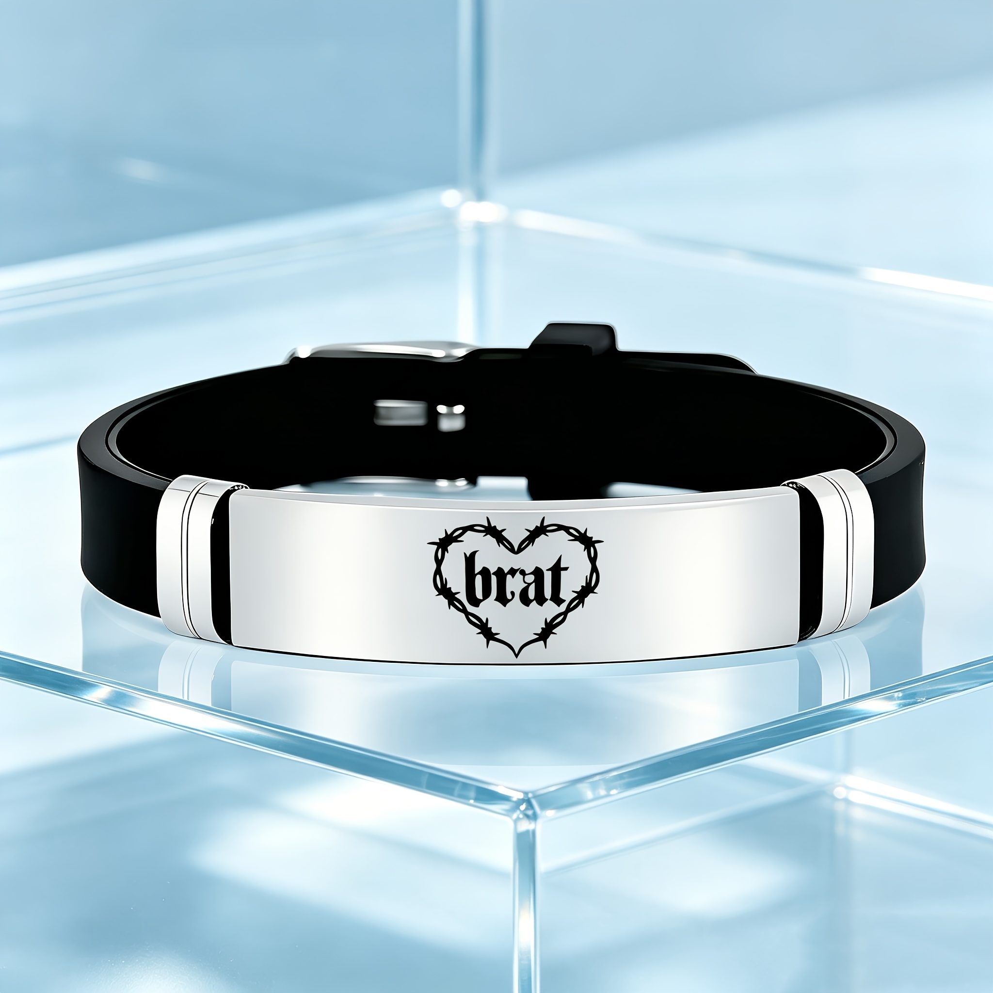 Stylish Punk Thorn & Heart Design Stainless Steel Silicone Bracelet
