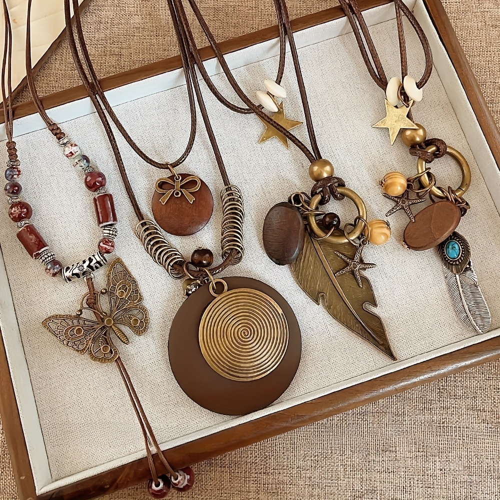 TEMU 4pcs Bohemian Vintage Women's Necklace Set - Layered Rope Necklaces, Feather, , Star Symbol, Ethnic Statement Jewelry, Suitable For Daily Wear