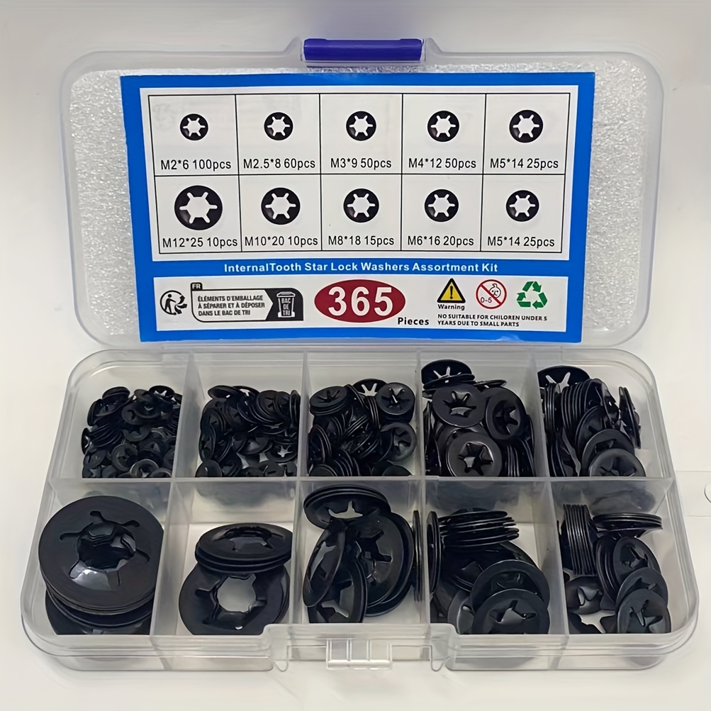 Image of A Set Of 365pcs Of Internal Tooth Star Washers In 9 Sizes From M2 To M12, Including Washers, Push Nuts, And Speed Clamps For Fastening