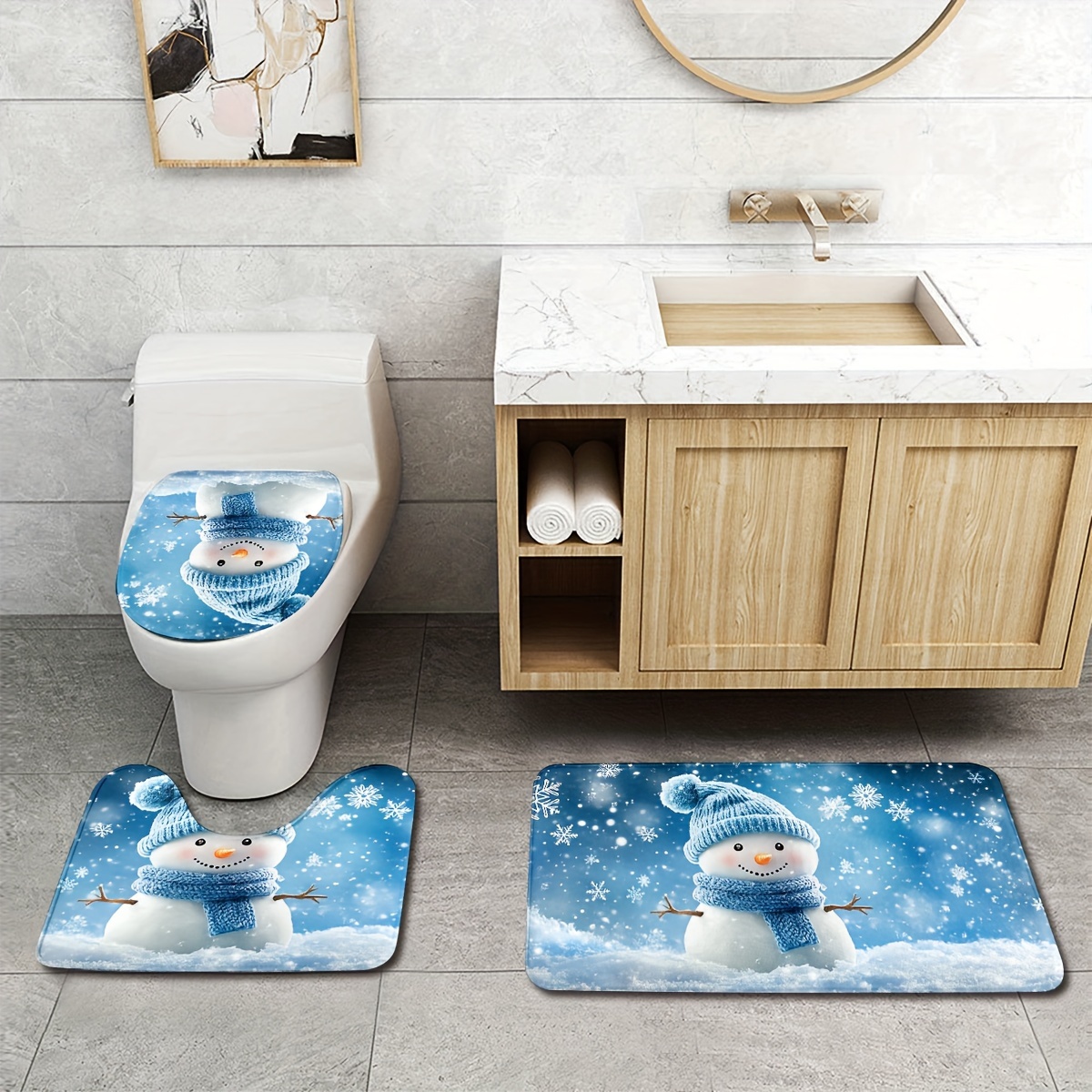 

Christmas Snowman Bathroom Rug Set - Non-slip, Washable Mats For Kitchen & Bedroom Decor - Includes Bath Mat, Contour Mat, And Toilet Lid Cover, Decorations, 3pcs, Floor Rug