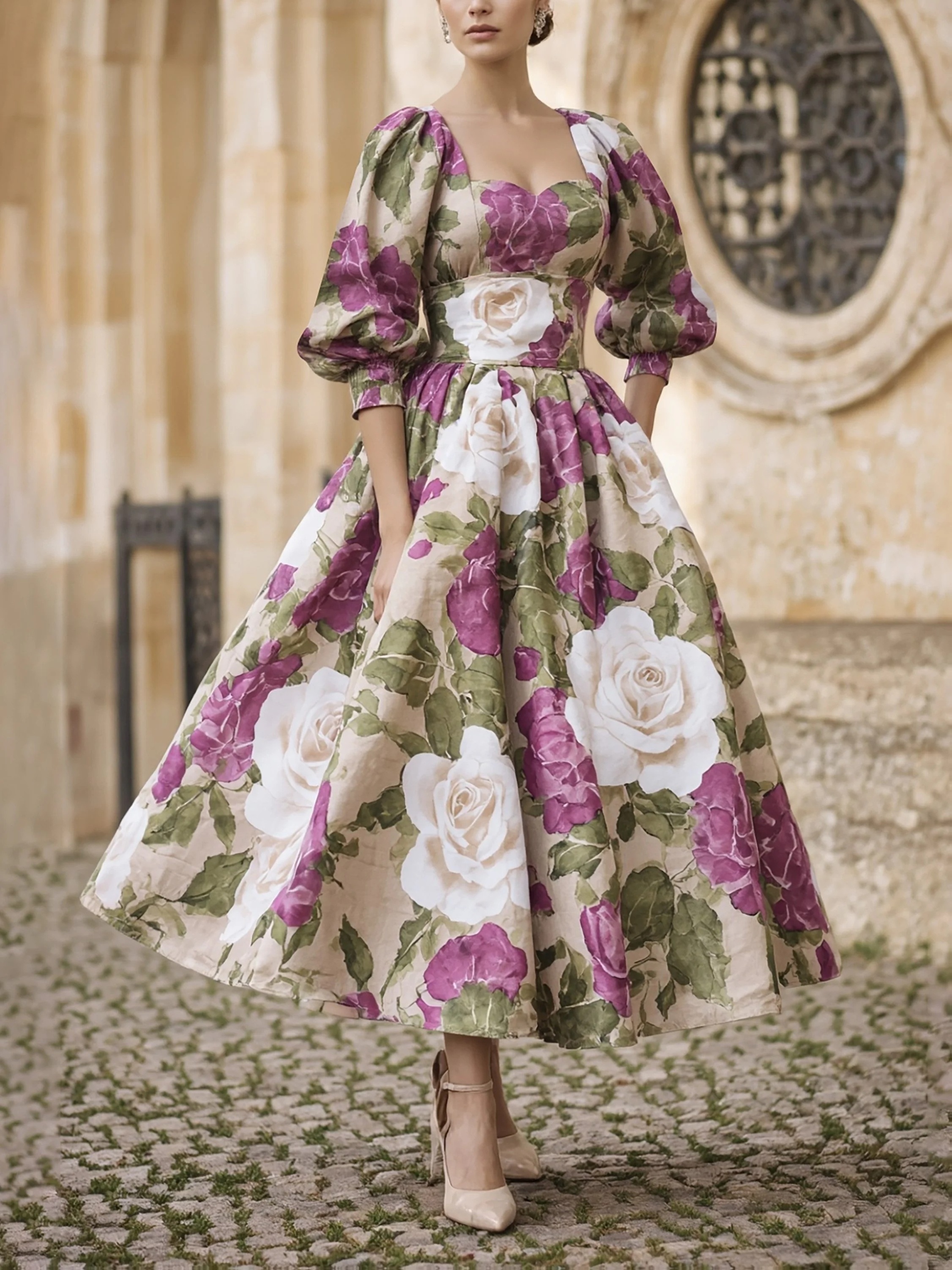Women's Peach Floral Print Elegant Collar Maxi Dress For Formal Party