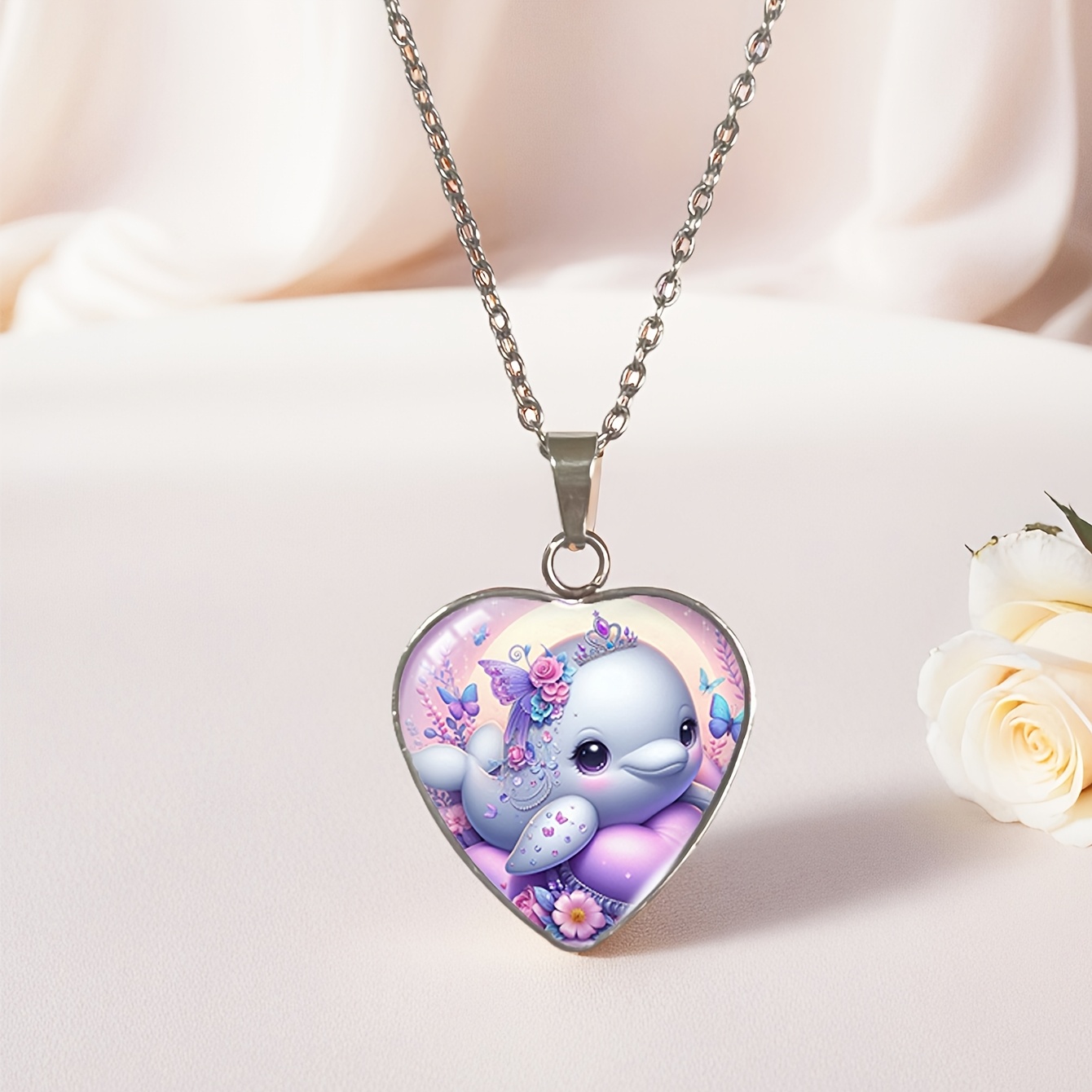 Dolphin and Butterfly Heart Shape Pendant Necklace, Unisex