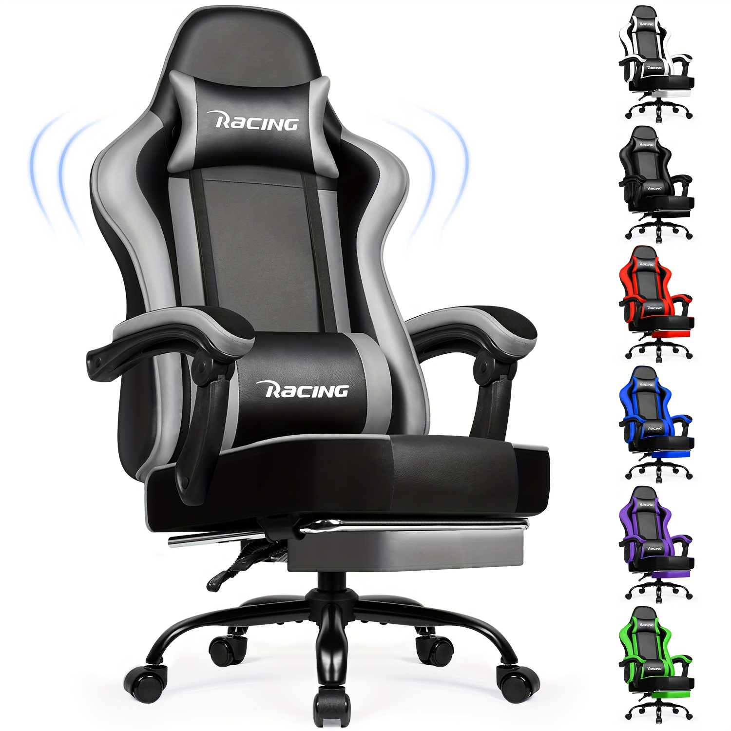 Gronfont Gaming Chair with Footrest, Ergonomic Gaming Chair with Adjustable Lumbar Cushion, Headrest Cushion, Height-Adjustable And Swivelling, PC Chair, Gaming Armchair 150kg, Black, Perfect Christmas Gift for Gamers & Home Office