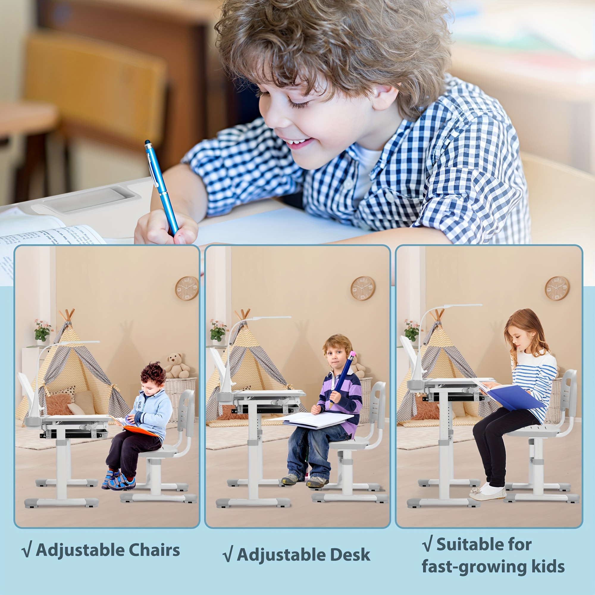 

Kids Desk And Chair Set Height Adjustable Desk And Chair With 55° Tiltable Desktop, 3 &3 Led Lamps, Storage Drawer And Metal Hook For Boys Girls, Grey