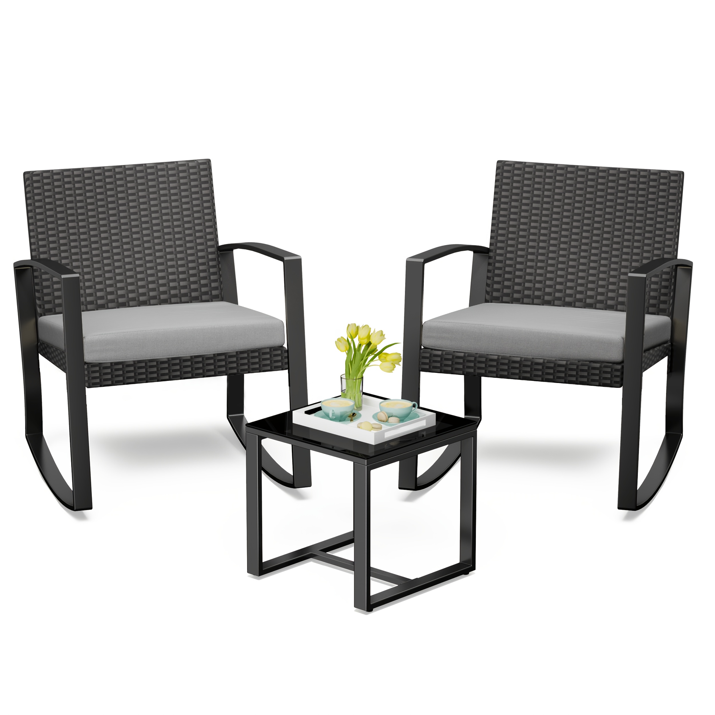 Image of 3pcs Garden Furniture Set, Rattan Rocking Chair With Cushion, Table Featuring Tempered Glass Top And Metal . Suitable For Courtyards, Gardens And