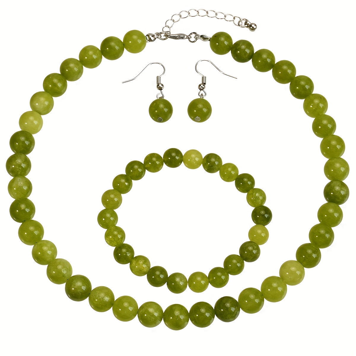 E-shop 4-teiliges grünes -Halsketten-Armband-Ohrring-Set, modische böhmisches Sommerurlaub-Naturstein-Handschmuck