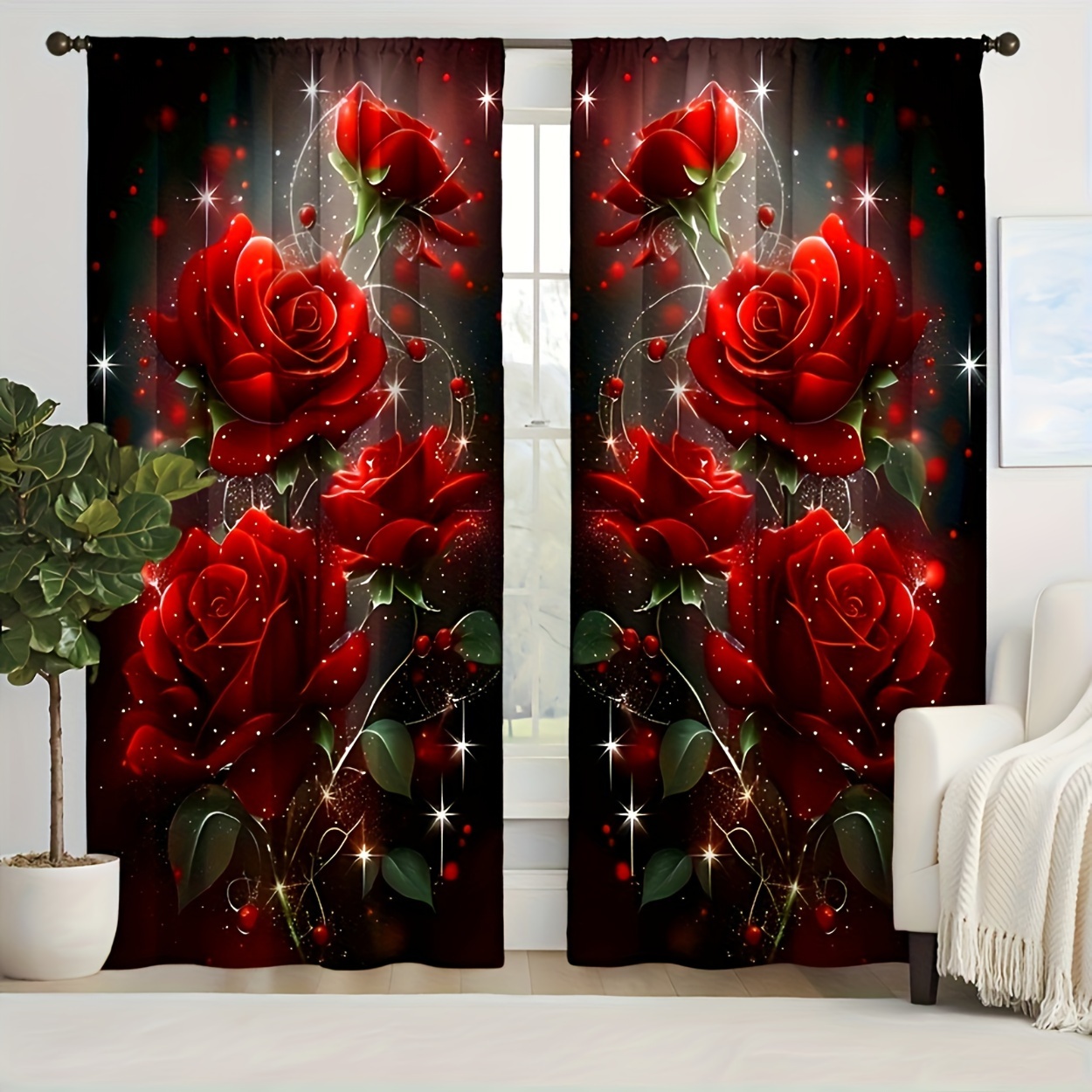 

2pcs, Valentine's Day Theme Decoration, Fashion Romantic Star Rose Pattern Curtain, Polyester Printed Curtain, Bedroom Living Room Home Decoration Rod Pocket Curtain