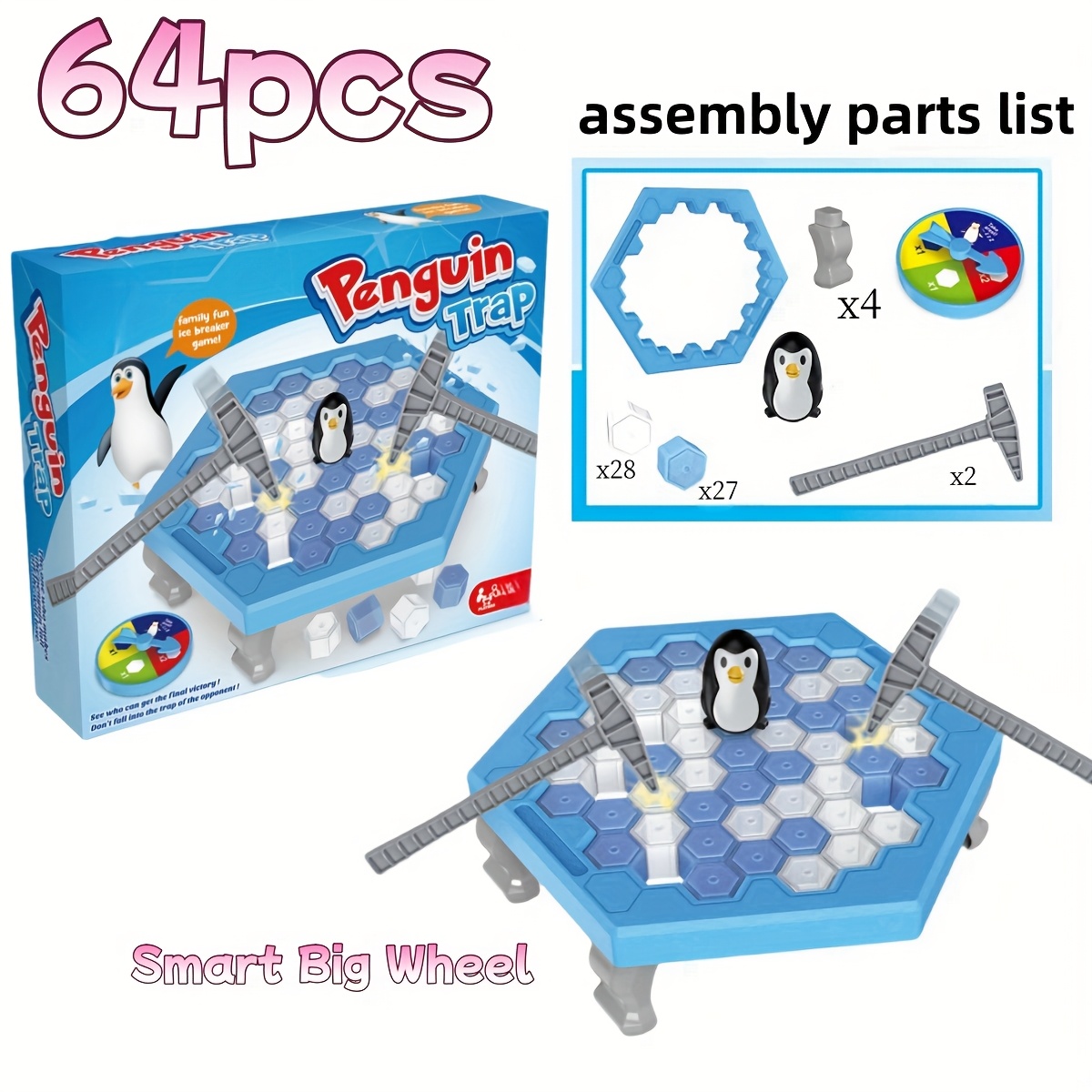 64pcs Penguin Ice Breaking Game, Penguin Trap Ice Breaking Ship Toy, Save Penguin Ice Game, Penguin Ice Breaking Children's Puzzle Board Game with Ice Blocks, Ice Hammer And Wheel