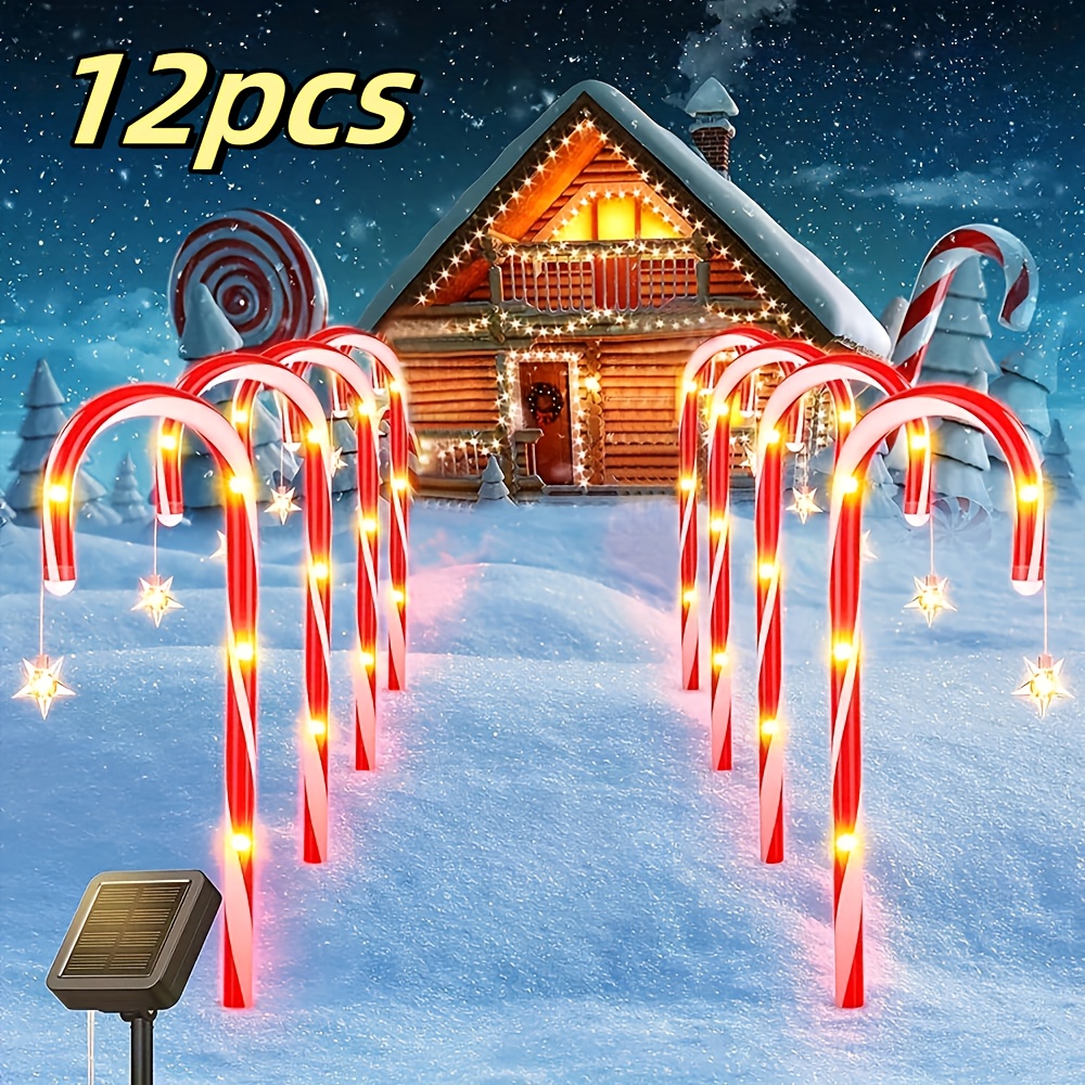 TEMU 12pcs Christmas Candy Cane Light Decorations Solar Garden Lights, Ip65 Waterproof Outdoor Pathway Patio Light Decor, Solar Christmas Lights