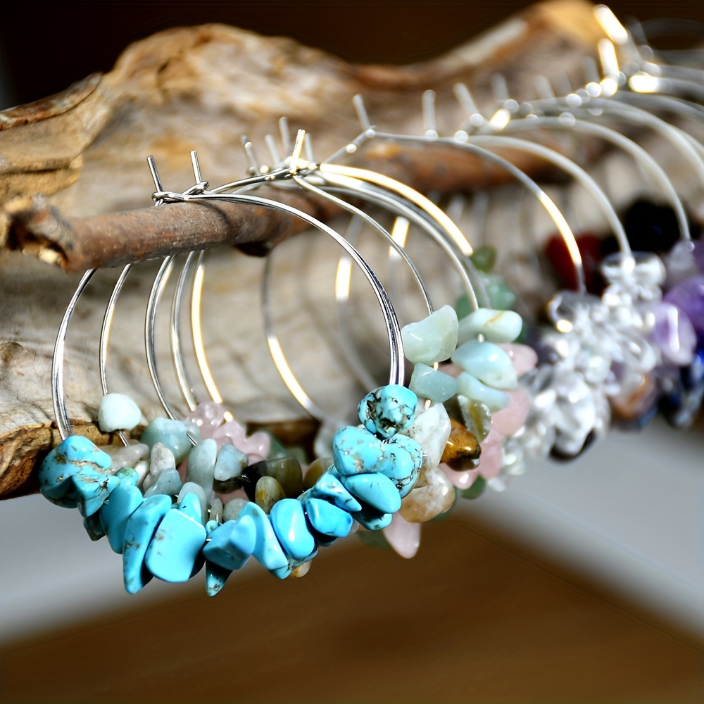 

10 Pairs Gemstone Hoop Earrings, Stainless Steel Needle, Natural Stone Gravel, Birthstone , No , For Daily And Party Wear