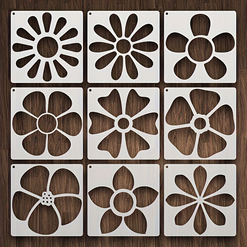 E-shop Set mit 9 Blumen-Schablonen, 5,12 Zoll, wiederverwendbare florale Malvorlagen – inklusive Gänseblümchen-, Sonnenblumen-, 5-blättrige &