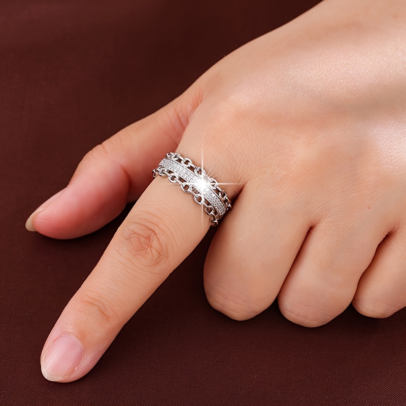 Adjustable Double Chain Open Ring with Zirconia Stones