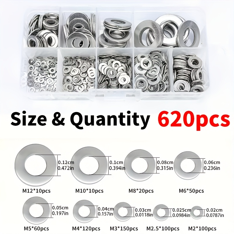 TEMU 620pcs Flat Washer Set With Box - Durable Height Increasing Spacers, Polished Surface Finish, Size M2-m12, Suitable For And Screw Tightening,