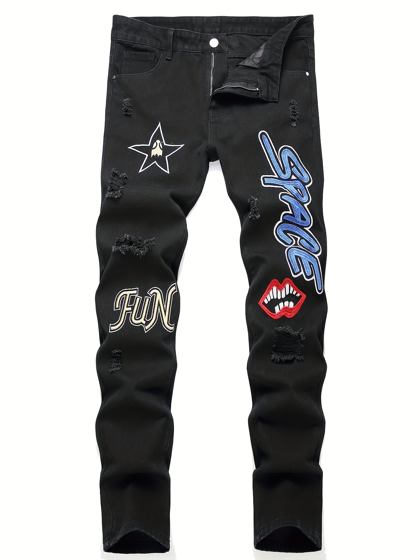 Kid's Fleece Bear Patched Jeans, Trendy Ripped Denim Pants, Trousers, Boy's Clothes for All Seasons,Temu