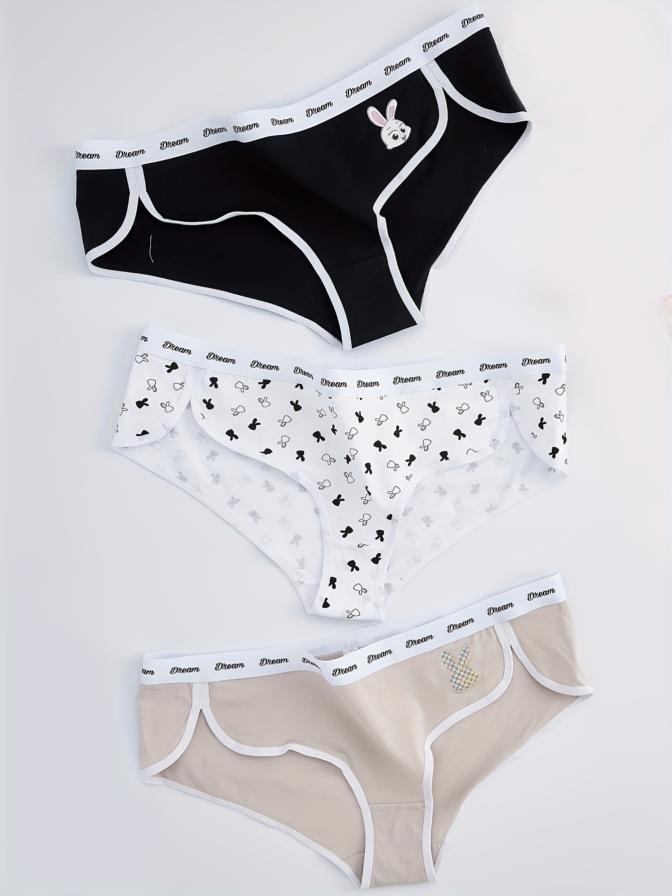 3pcs Women&#39;s Sports Panties Set, Plus Size Rabbit Print Letter Tape Contrast Binding Breathable Briefs