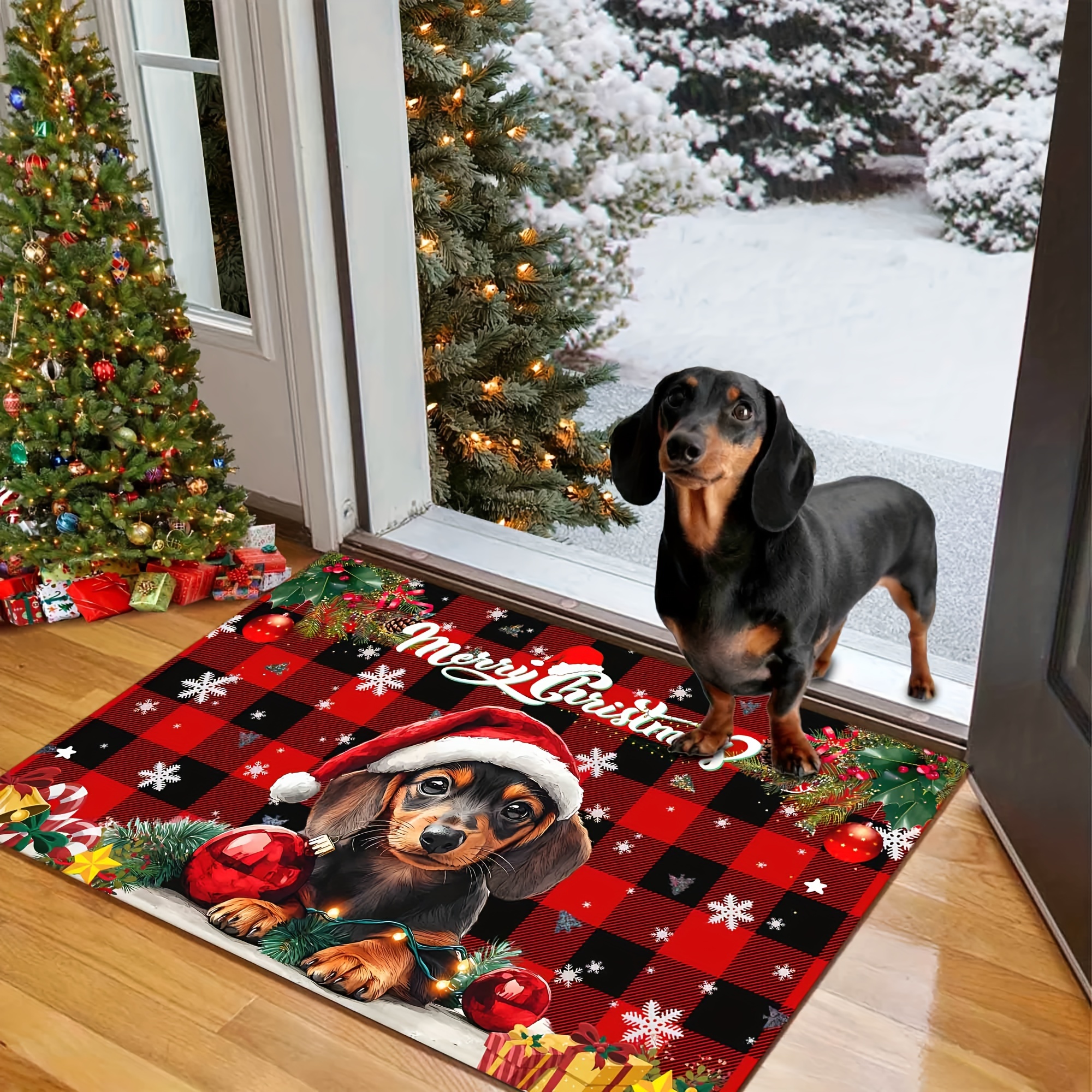 1pc Christmas Dachshund Doormat Non-Slip Rubber Backed Polyester Welcome  Mat with Santa Hat, Machine Washable, Lightweight Durable for Doorway,