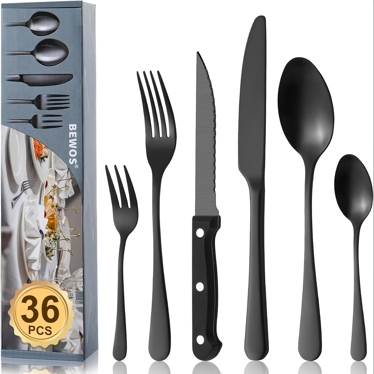 

36pcs Stainless Steel Cutlery Set With Steak Knives - Includes Forks & Spoons, Restaurants, Parties, Weddings - Dishwasher Safe