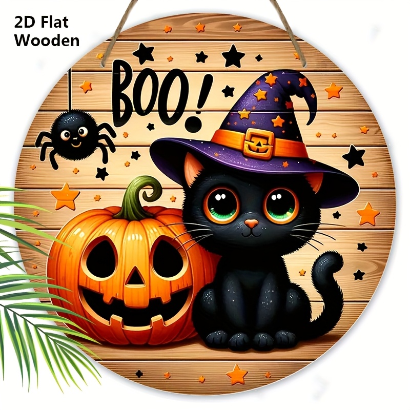 Image of 2d Flat Halloween Wooden Sign - Boo Wooden Plaques With Cute Black Cat & Pumpkin - Ideal For Yard, Porch, Balcony, Indoor, Room Decor, 2d Flat