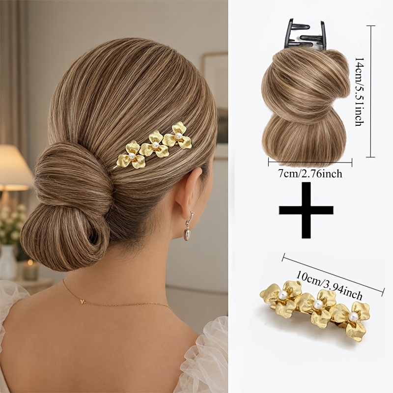 TEMU 2pcs Set Messy Bun Hair Claw Clip & Vintage Pearl Hair Barrette, Synthetic Hair Hair Piece, Elegant Updo Hair Accessories For Wedding Hairstyle
