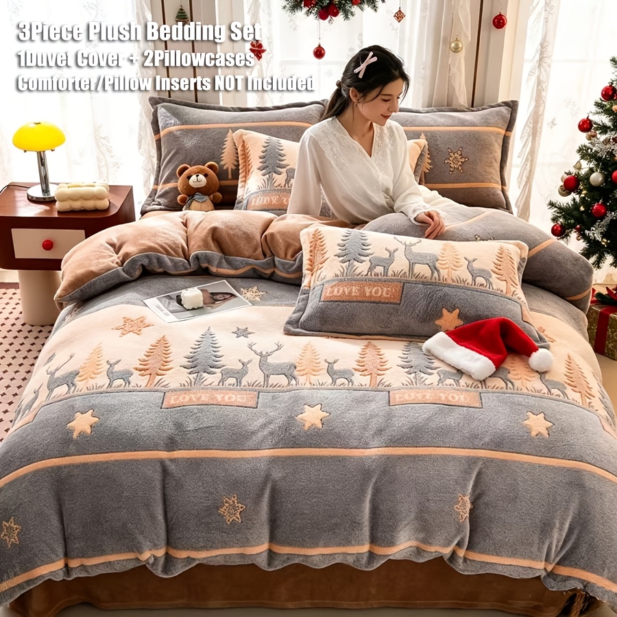 Image of Plush Velvet 3pcs Bedding, Warm Duvet Cover Set With 2 Pillowcases, Soft Fluffy Bed, 135x200, 160x200, 220x240cm Size, No Comforter And Pillow Inserts