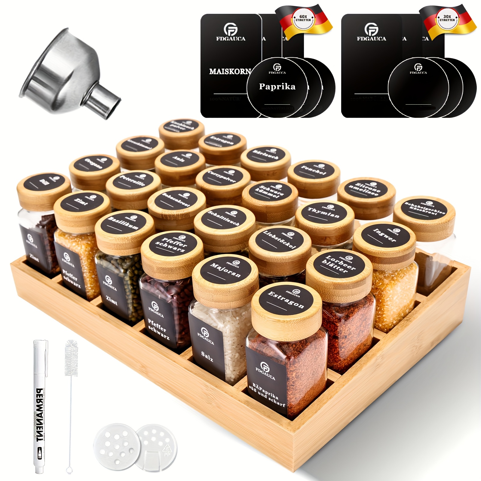 

24 Spice Jars With Bamboo Spice Rack Glass Spice Jars With Black German Labels And Airtight Bamboo Lids Spice Container With Large Stainless Steel Funnel Easy To Move Spice Organiser