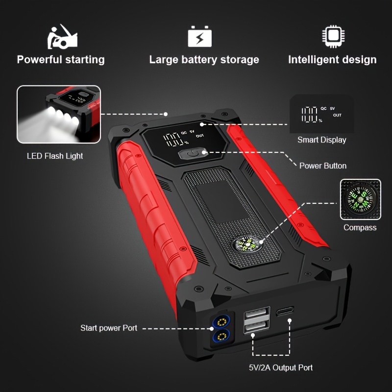 5000a portable wireless car jump starter with air compressor 20000mah lithium polymer battery fast charging usb c power bank 12a output led flashlight for 12v cars trucks suvs motorcycles emergency light inflator pump in one compatible with 8 0  1 72 diesel engines   off grid use compact portable design Product details 8