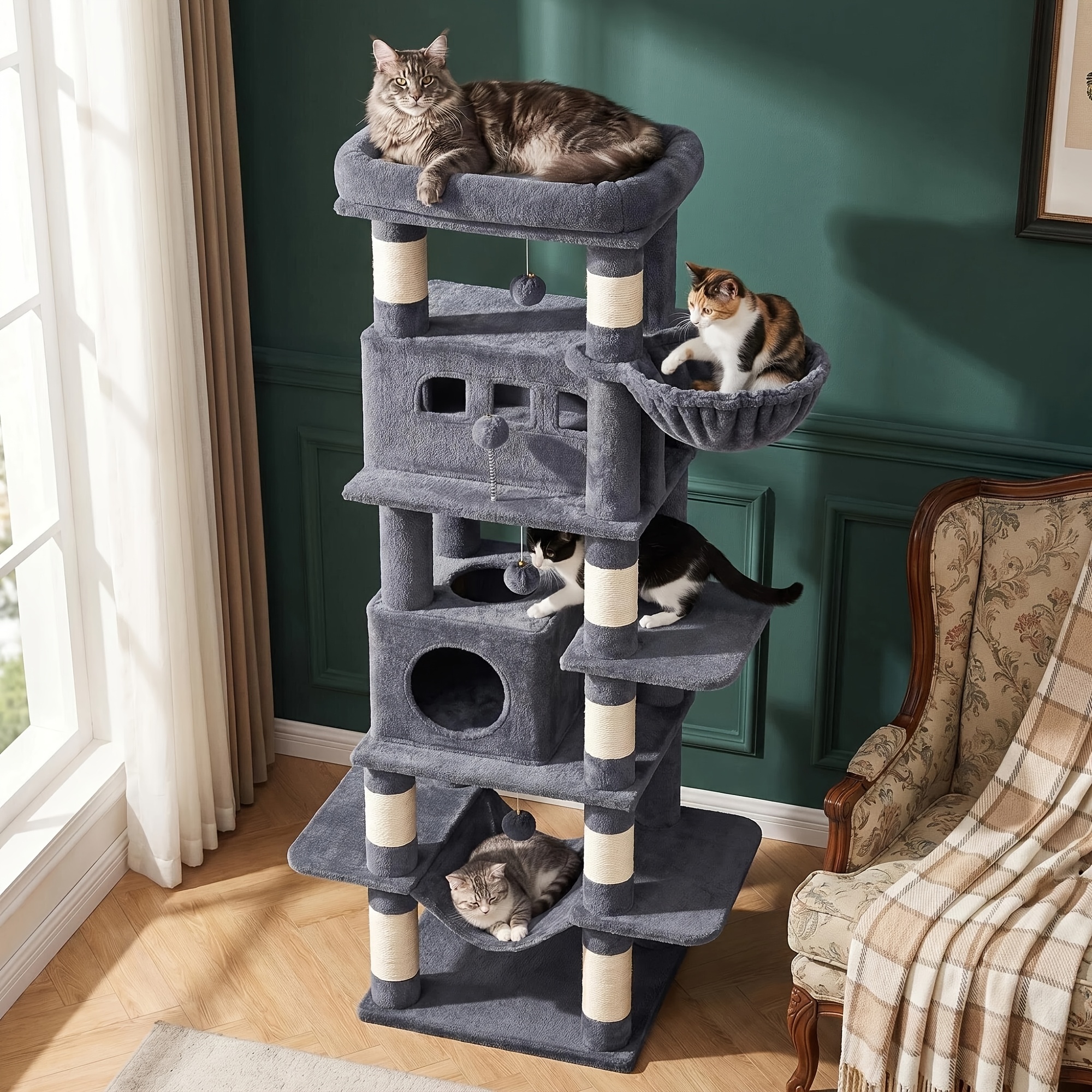 TEMU Árbol para Gatos Grande, Estructura de Niveles, Tamaño: 52 X 42 X 172 Cm, Equipado con para Gatos de Dos Niveles con Escondites, Plataforma
