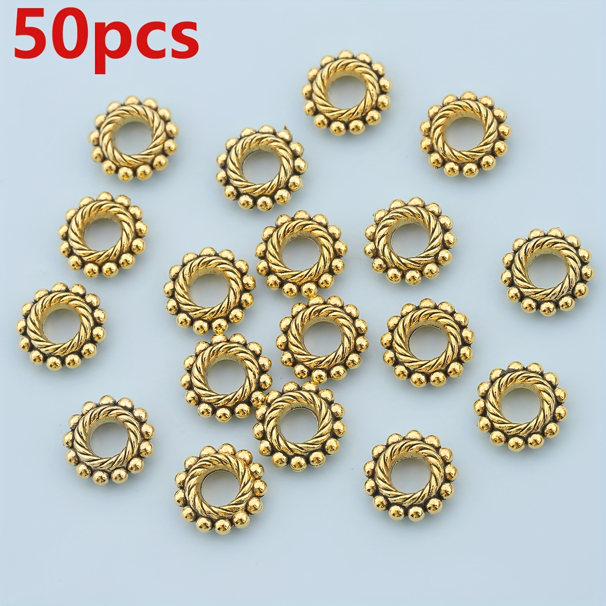 TEMU 100pcs/50pcs Large Hole Drum Beads 8mm Polka Dot Round Rings Loose Beads Gear Shape Straight Hole Separators Twisted Edge Pierced Loose Beads