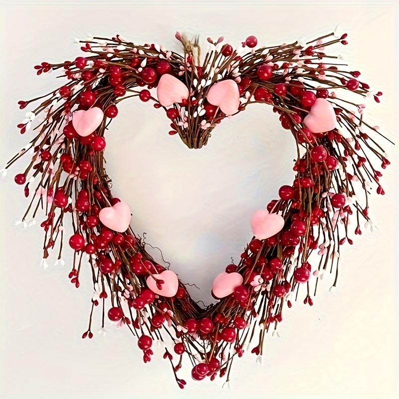 

Valentine's Day Heart-shaped Wreath, 35cm Garland With Red Accents, Handmade Door And Wall Decor For , Diy Wedding Gift