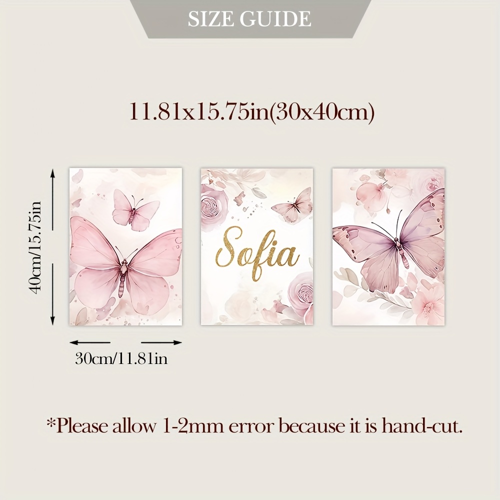 TEMU 2d Flat, 2d Flat, 3pcs Frameless Name Custom Style Wall Art Poster Canvas Print, Pinkish-purple Floral Elements Personalized Custom Wall Art
