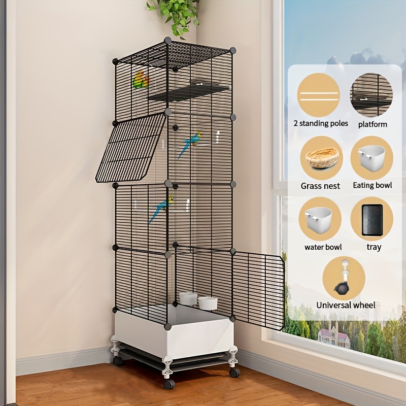 Extra Large Parrot Bird Cage with Splash Guard - Pet Bird House with Perch Platform, Food & Water Trays, and Wheels for