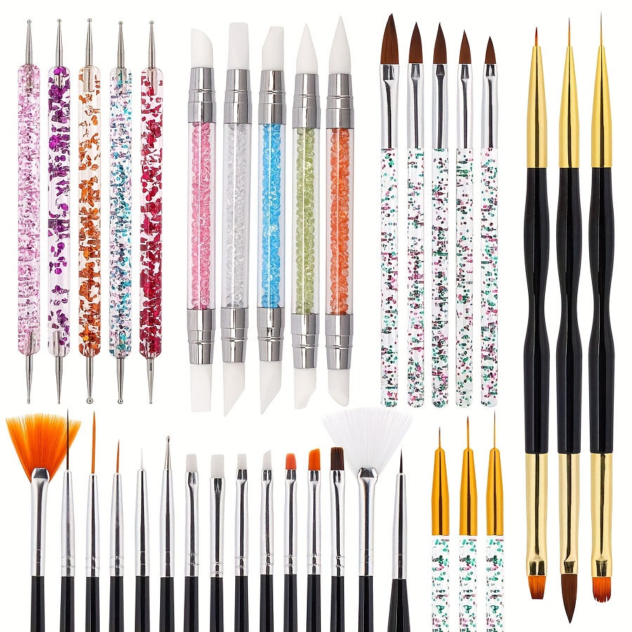 36pcs Nail Art Brushes Set - For Line, Striping, Dotting, Silicone Tools, 3d Gel Pen, Acrylic Design