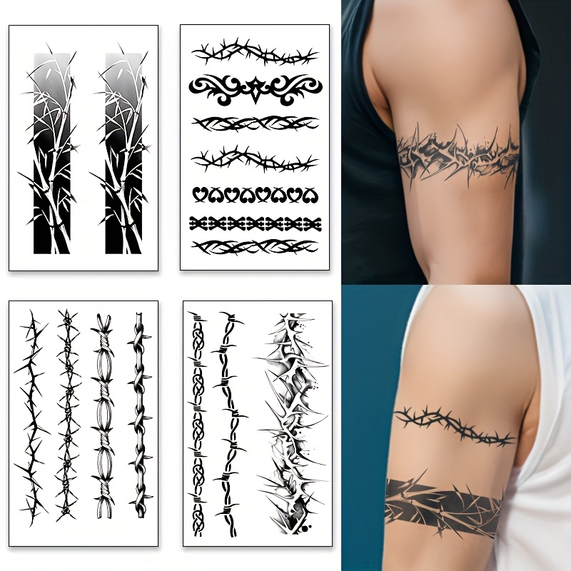 4pcs Thorn Arm Cuff Temporary Tattoo Stickers, Herbal Semi-permanent Waterproof Long-lasting Non-reflective Fake Tattoos For Men And Women's