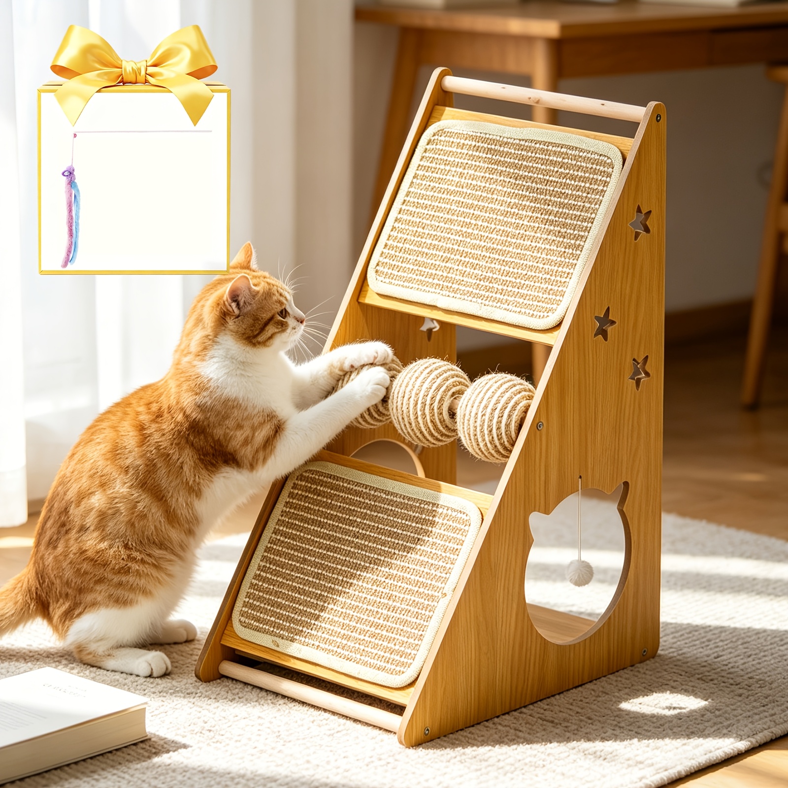TEMU Sturdy Cat Tree, Natural Sisal Cat Scratcher With 3 Balls And Cat House, All In 1 Cat Bed For Scratching Lounging Napping, Reversible Flat Or