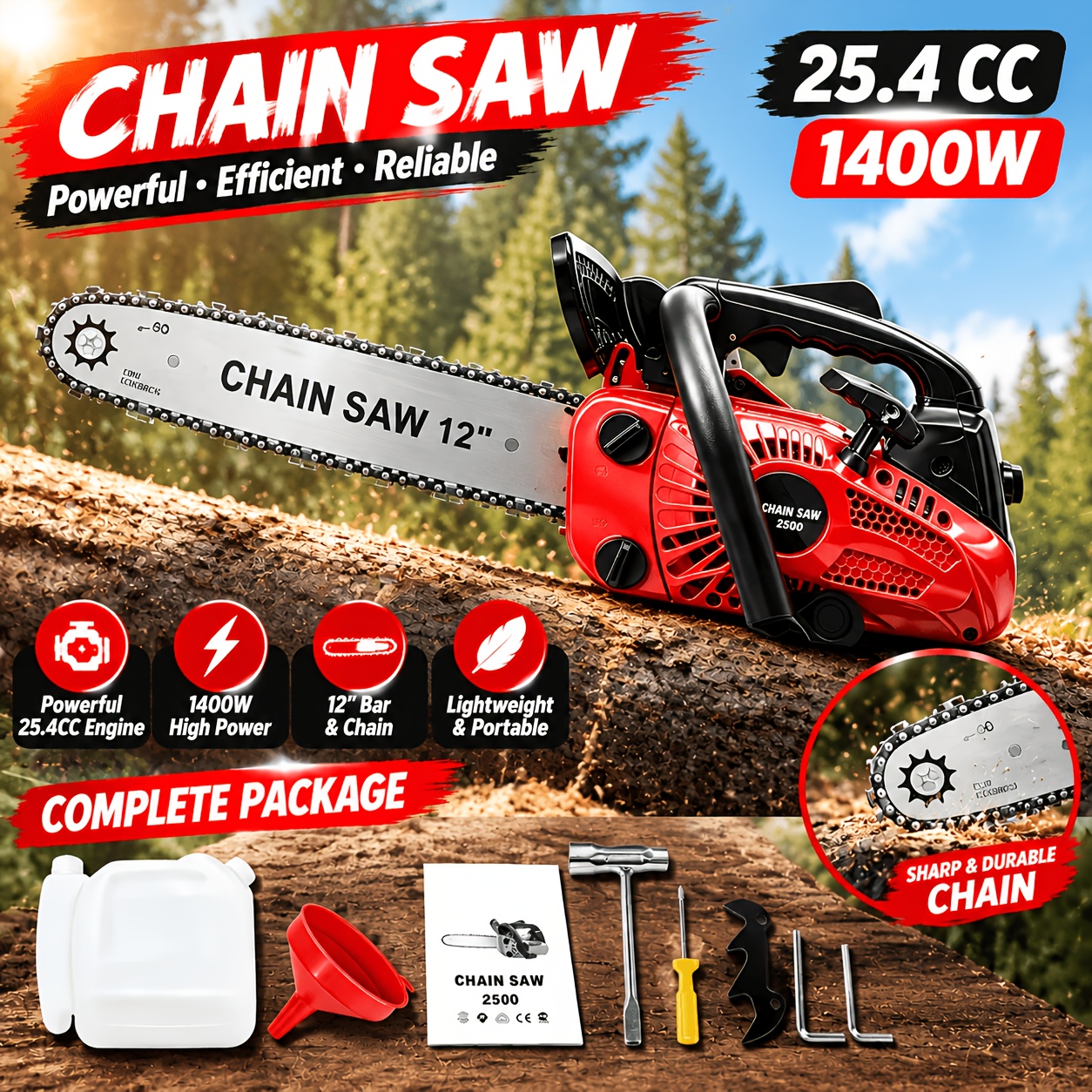 TEMU 25.4cc/52cc Gas Chainsaw 12/20 Inch, 2-stroke .4kw 1., Gas Powered Chain Saw With Chain Tension & Automatic , Lightweight Portable, For Tree