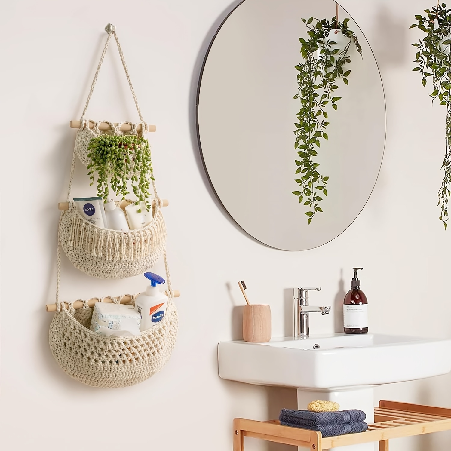 Three-tier Over-door Organizer With Hanging Fruit Baskets, Handcrafted Woven Rope Wall Baskets For Storage, Bohemian Wall Decor For The Kitchen