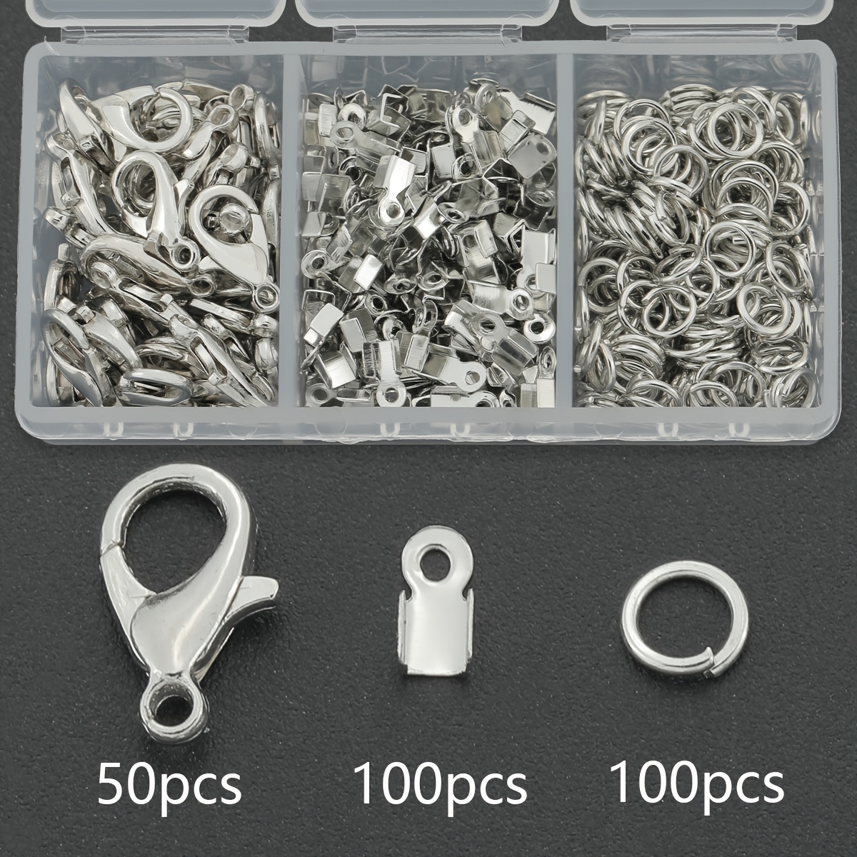 TEMU 250pcs/box White K Jewelry Clasp Set Includes 50pcs Lobster Clasps, 100pcs Jump Rings And 100pcs Crimp End Caps Suitable For Weaving Necklaces,