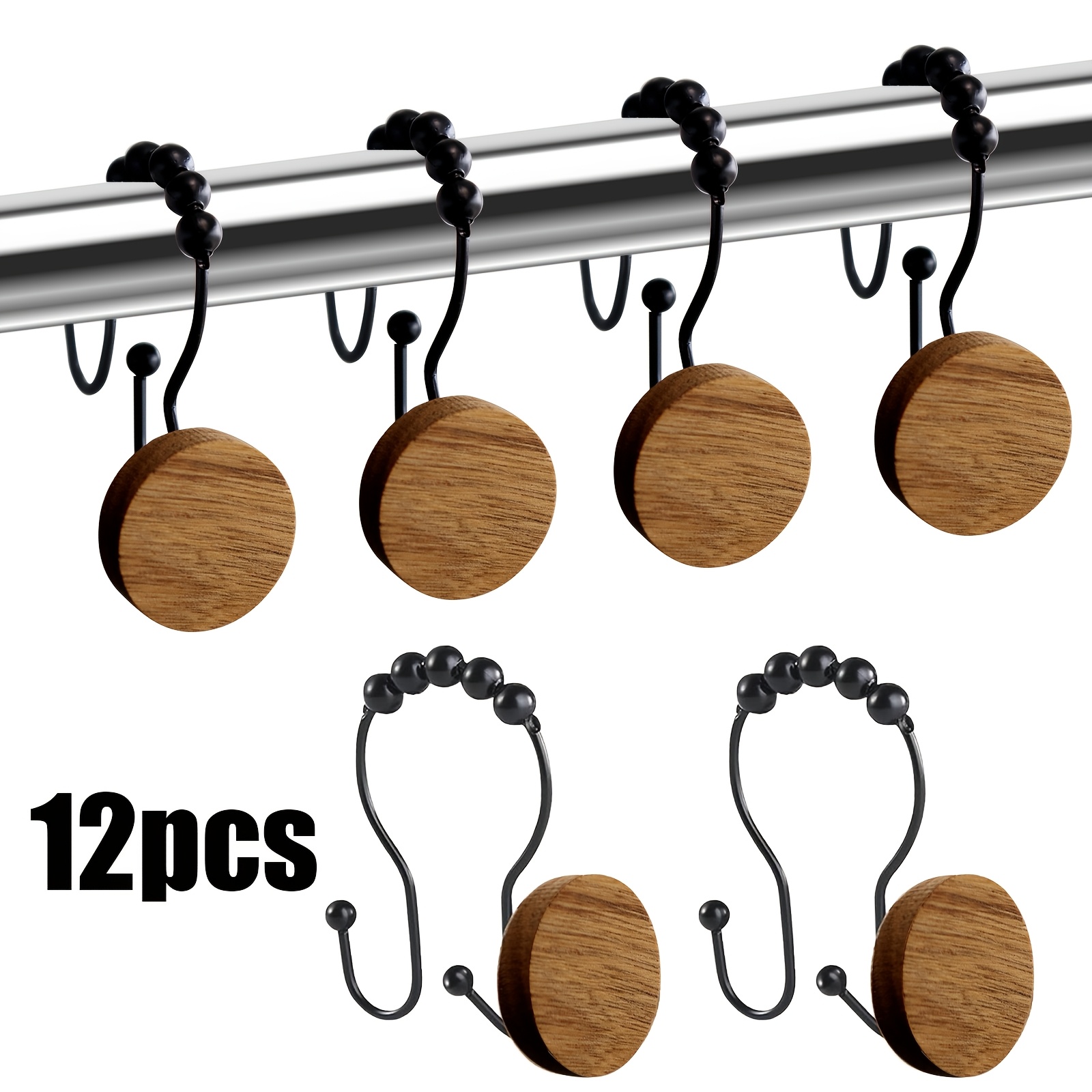 12pcs Wood Decorative Curtain Hooks, Shower Curtain Hooks For For Bathroom, Living Room, Modern Decorative Shower Curtain Hangers For Shower Curtain Rod