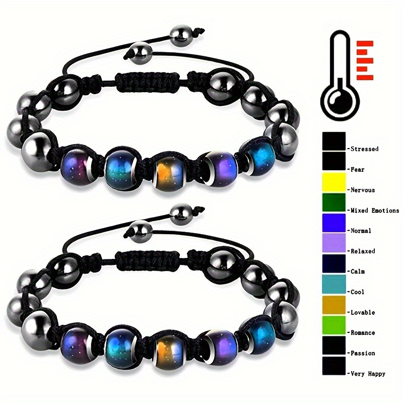 

Adjustable Temperature Sensing Color Changing Mood Bead Bracelet Stone And Magnetic Hematite Beads, Unisex Fashion Woven Jewelry For