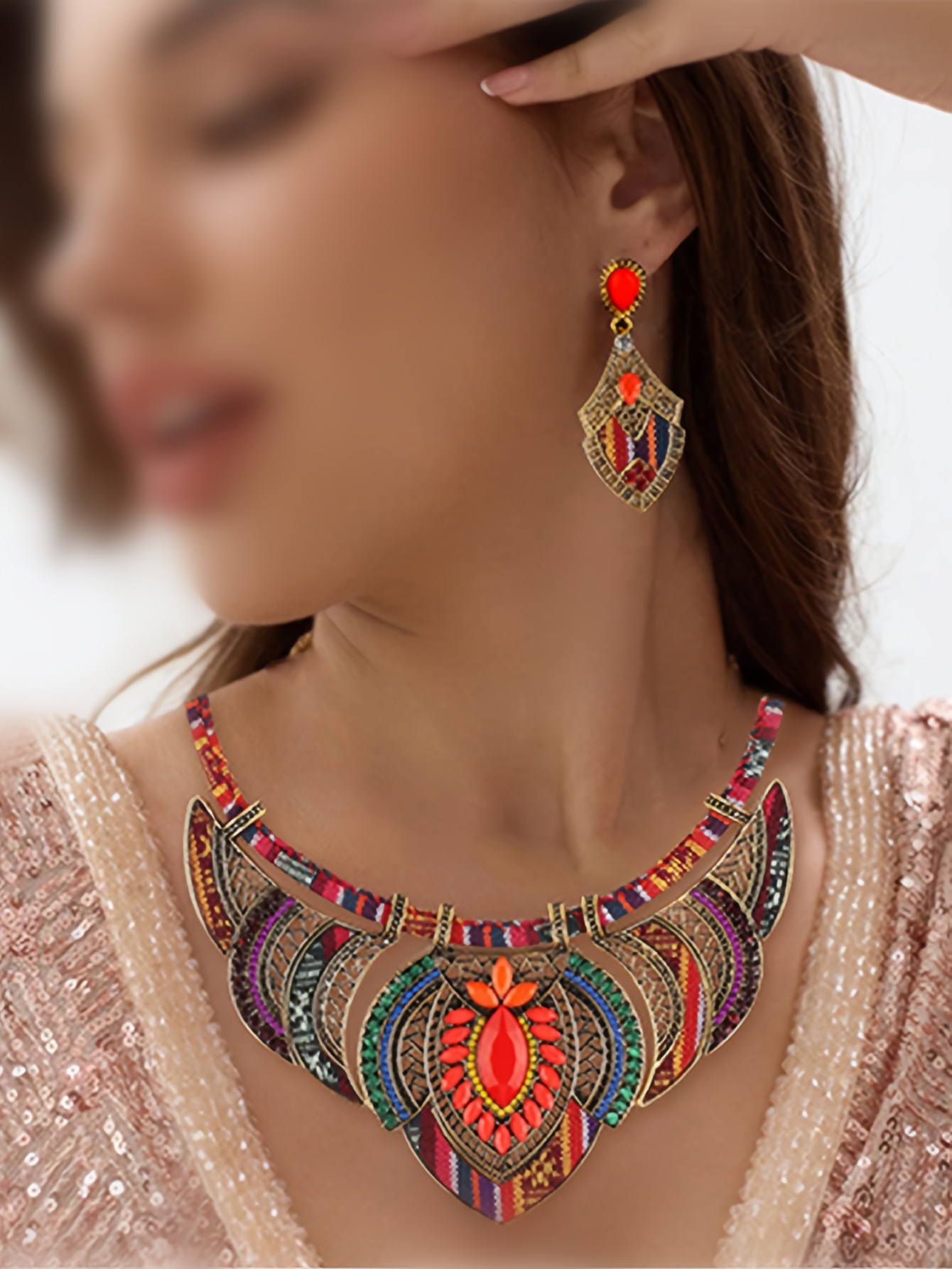Ethnic Style Necklace and Earrings Colorful Braided Beaded Bohemian Jewelry Set with Zinc Alloy, Random Patterns & Colors for Party Wear