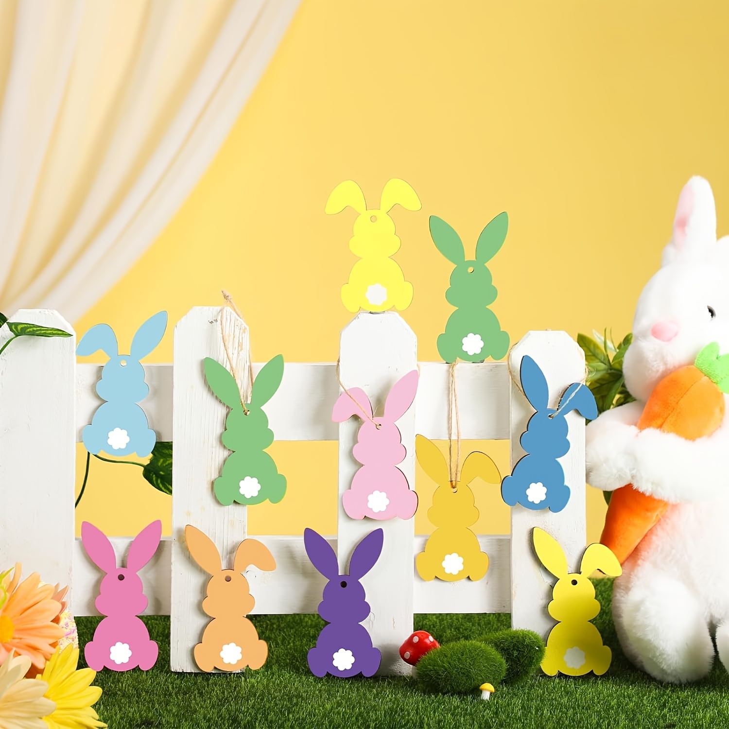 

12- Solid Color Wooden Easter Bunny Hanging Decorations, Hollowed-out Rabbit Shaped Tags For Themed Parties, Classroom, Home Wall, Front Door, Tree Ornaments, Animal Theme, No Electricity Needed